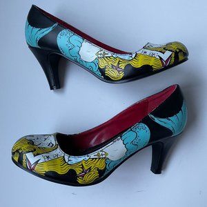 T.U.K. Antipop Heels Black and Mermaid Print - Marine Size 7 EUC